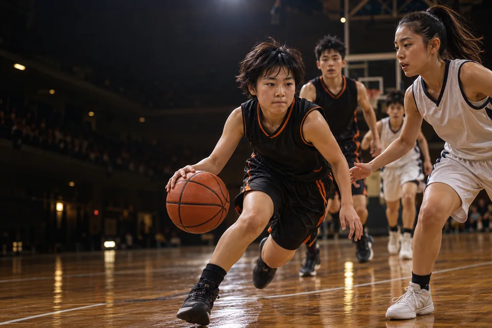 体育館で1対1に挑むU15選手の生成イメージ