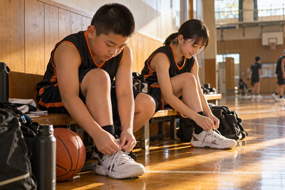 プレー前にシューズの紐を結ぶU15選手の生成イメージ